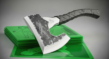 Gritty, Scratched Axe Blade Rests on Vibrant Green Stack of Cartoon Character Art Sheets