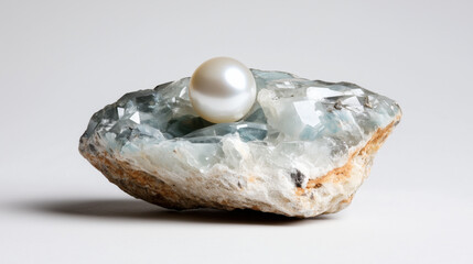 Obraz premium Stunning gemstone rock featuring lustrous pearl resting atop bed of aquamarine crystals. unique combination of textures and colors creates captivating visual appeal, showcasing beauty of natural