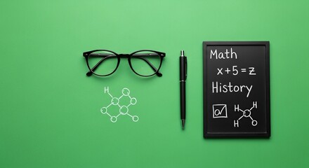 Overhead View of Black-Rimmed Glasses, Pen, and Chalkboard with Math and Science Symbols on Green Background