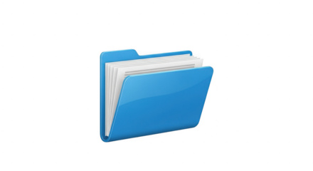 Blue file folder with white documents inside, organized and clean, isolated on transparent background