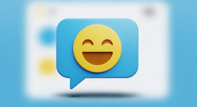 A cheerful 3d rendering of a blue speech bubble with a smiling face emoji, conveying positive feedback and communication on a light blue background