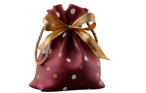 Festive gift bag featuring glossy red surface adorned with colorful polka dots and luxurious golden ribbon. This charming bag is perfect for holiday celebrations and gift giving moments