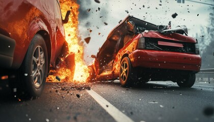 Fiery car crash on highway, two vehicles severely damaged and engulfed in flames