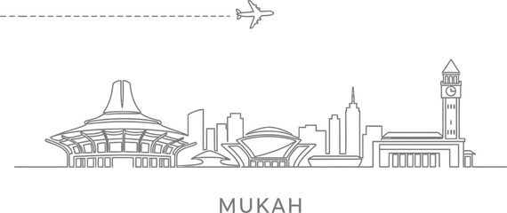 Fototapeta premium Mukah City Skyline with Airplane Flying Over