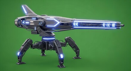 Advanced Sci-Fi Energy Weapon on Robotic Spider Legs, Emitting Vibrant Blue Light