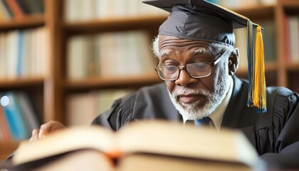 Senior african american male graduate student reading book