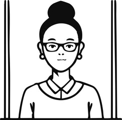 Simple Black and White Illustration of a Woman Wearing Glasses and a Bun Hairstyle