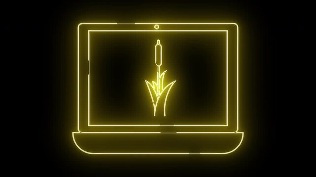 A laptop with a neon yellow outline displays a cattail icon on a black screen