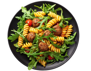Pasta salad with meatballs and arugula