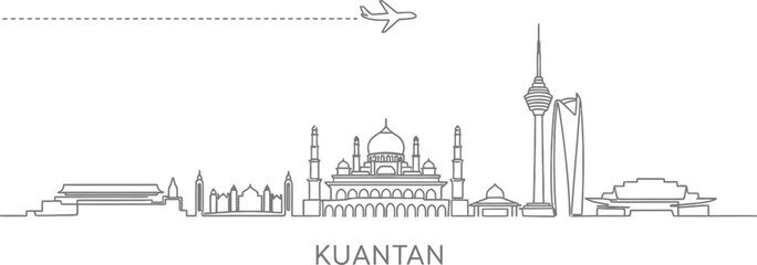 Obraz premium Kuantan City Skyline Line Art with Airplane and Flight Path