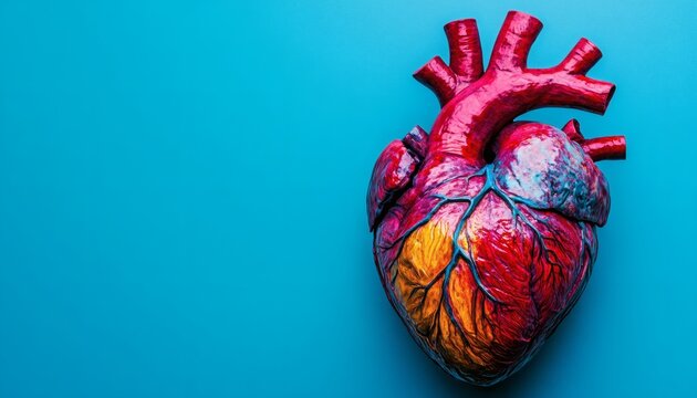Stylized anatomical heart model against a blue background