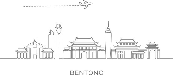 Obraz premium Bentong Skyline with Airplane Travel Icon Line Art