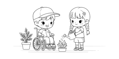 Inclusive School Garden Scene for Kids Coloring Book