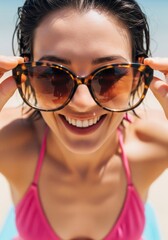 Fototapeta premium Close-Up Woman in Bikini Adjusting Sunglasses On Beach