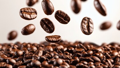 Fototapeta premium Roasted coffee beans falling onto a pile of others