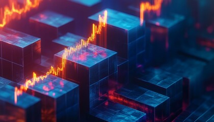 Abstract 3d rendering of glowing orange graph lines rising over dark blue cubes