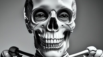 Hyper-Realistic Cyborg Skull: Monochrome 3D Portrait of a Futuristic Android with Human Eyes
