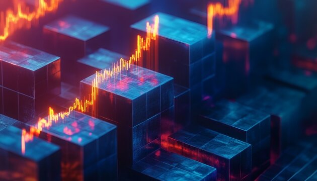Abstract 3d rendering of glowing orange graph lines rising over dark blue cubes