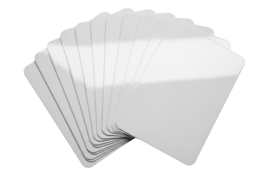 Fanned out stack of blank white plastic cards with rounded corners on a transparent background