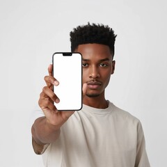 Person holding smartphone with blank screen isolated on white background