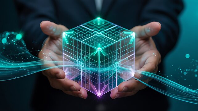 Exploring the intricate holographic cube of digital data and futuristic technology held carefully within two open hands symbolizing innovation and the future of information management