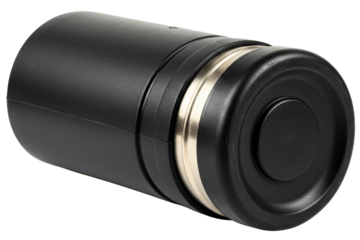 Black insulated travel coffee mug with a metallic silver ring on a transparent background