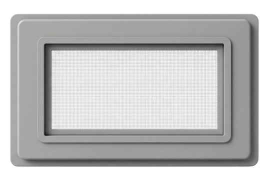 Rectangular gray plastic foundation vent with an insect screen on a transparent background