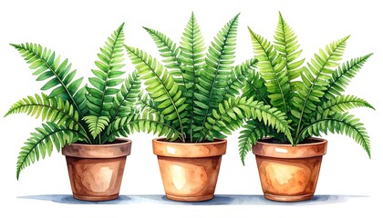 Watercolor illustration of three lush, green ferns in terracotta pots