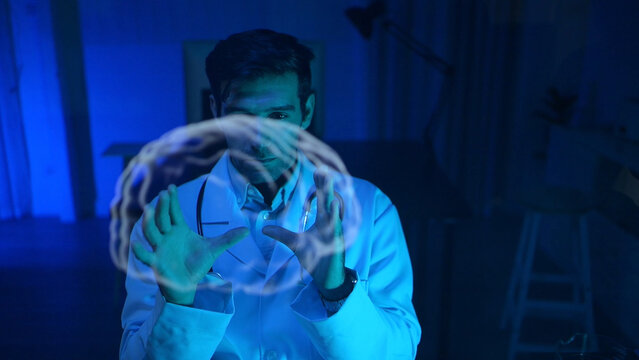 Doctors analysis for brain with futuristic hologram technology - Powered by Adobe