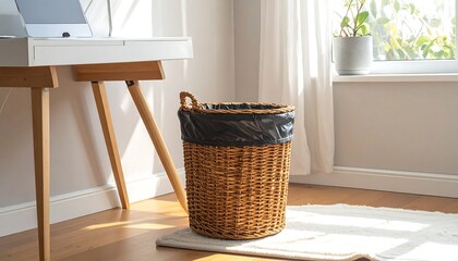Wicker wastebasket with a black liner sits beside a desk and window