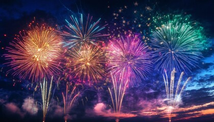 Vibrant fireworks display exploding in the night sky