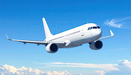Fototapeta premium White Modern Passenger Airplane Flying High In The Clear Blue Sky With White Clouds Below And Sunlight Shining On The Aircraft Exterior