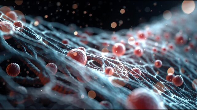 Biomaterials Engineering medical tissue technology medicine. Regeneration research. Implant innovation. Bioprinting technology. Abstract representation of cells and fibers in a microscopic view.