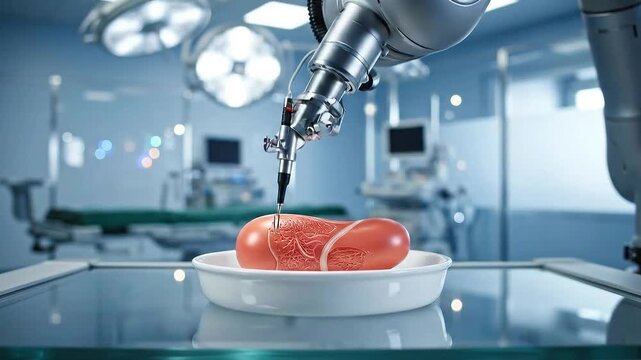 Organ Repair in Futuristic Operating Room Artificial Organ on a Plate with Surgical Equipment and Robotic Arm Examining Tissue in a Clinical Setting Innovative Medical Technology