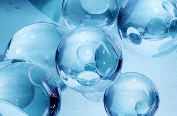 Hydrating Cosmetic Essence: 3D Render of Blue Serum Bubbles and Hyaluronic Acid Molecules