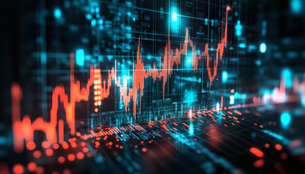 Abstract stock market data visualization: red and blue digital lines graphing on black background