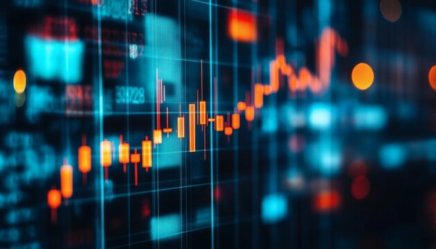Stock market data displayed on a digital screen showing candlestick charts and numerical data - Powered by Adobe