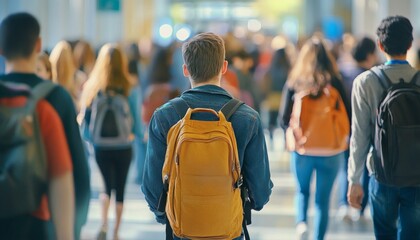 Fototapeta premium Student with yellow backpack walking among a crowd of blurred people