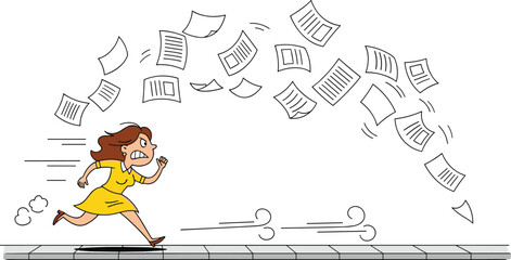 Funny cartoon woman chasing flying papers in wind, office stress, deadline panic, business failure, humor illustration, vector art design
