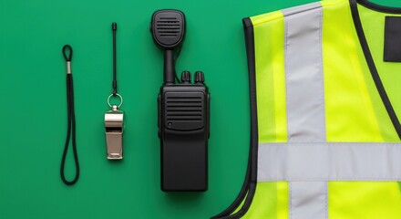 Security Gear Still Life: Radio, Whistle, and High-Visibility Vest on Green Background