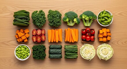 Assortment of Fresh Vegetables and Edamame Arranged on Wooden Surface