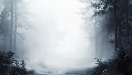 Misty morning in a dense forest with tall trees