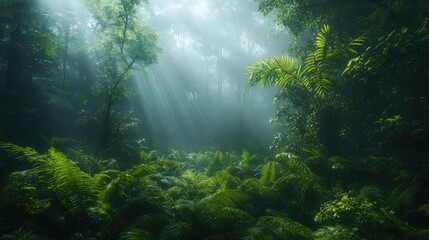 Obraz premium Misty Forest Sunlight, Lush Green Canopy, Nature Scene, Ideal for Backgrounds