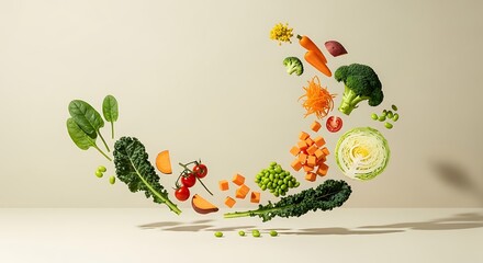 Assortment of Fresh, Vibrant Vegetables Levitating in a Dynamic Culinary Composition