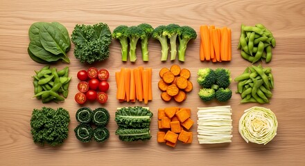 Assortment of Freshly Prepared Vegetables Arranged on Wooden Surface