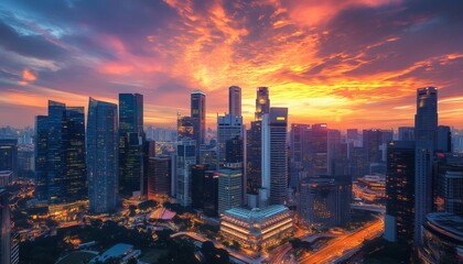 Fototapeta premium Vibrant sunset over a cityscape of skyscrapers and roads
