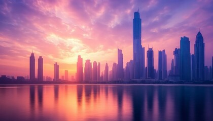Fototapeta premium City skyline at sunset with skyscrapers reflected in calm water