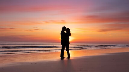 Romantic Couple Embracing on a Serene Beach During a Breathtaking Sunset with Warm Hues Reflecting on the Wet Sand Creating a Magical Atmosphere for Love and Connection