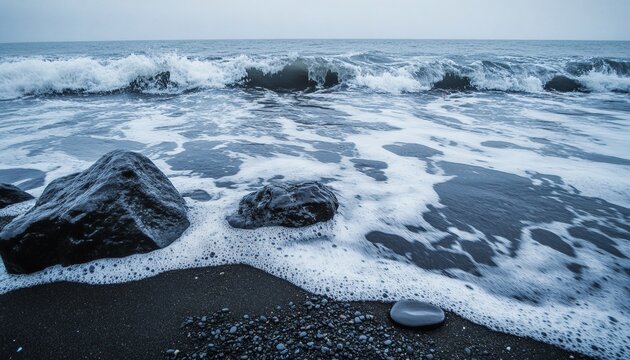 Ocean waves crashing on a dark pebble beach - Powered by Adobe