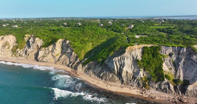 New Shoreham, RI, USA 08-12-2025: Aerial video over Mohegan Bluffs, New Shoreham, Block Island, Rhode Island